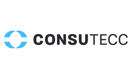 Logo von Consutecc: Blauer und schwarzer Schriftzug „CONSUTECC“ mit stilisiertem, kreisförmigem Symbol links auf weißem Hintergrund