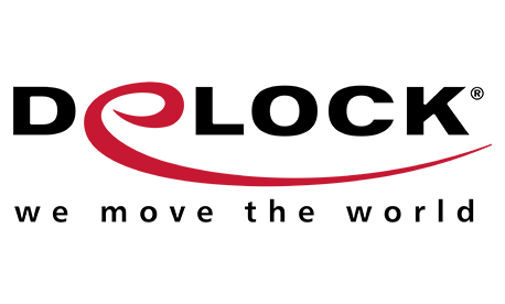 Logo von Delock: Schwarzer Schriftzug „DELOCK“ mit roter geschwungener Linie durch das „O“ und Slogan „we move the world“ darunter auf weißem Hintergrund