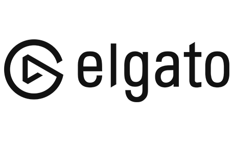 Logo von Elgato: Schwarzer Schriftzug „elgato“ mit stilisiertem Play-Button-Symbol im Kreis links auf weißem Hintergrund
