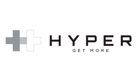 Logo von HYPER: Zwei graue Pluszeichen links und schwarzer Schriftzug „HYPER GET MORE“ auf weißem Hintergrund