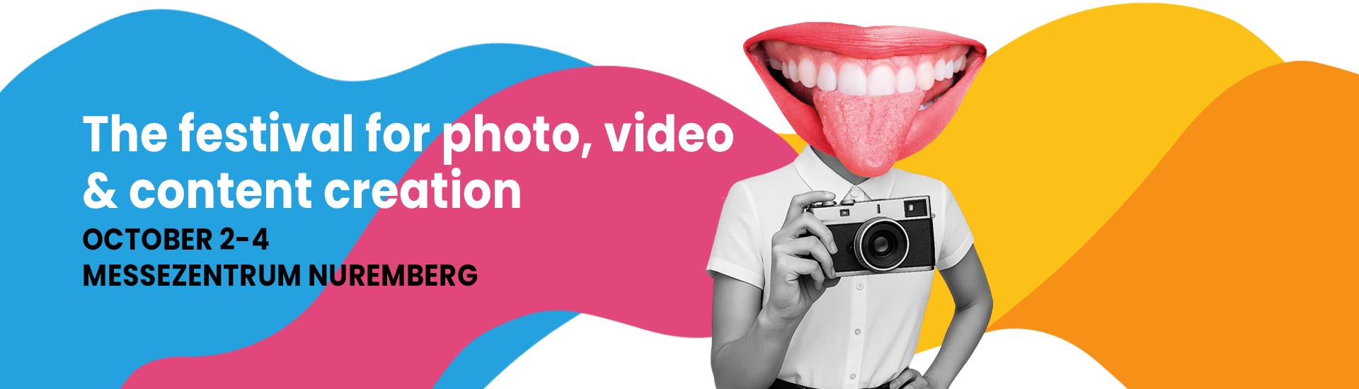 Imaging World 2026 Festival für Foto, Video und Content Creation vom 02.–04. Oktober 2026 im Messezentrum Nürnberg – farbenfroher Banner im Collagen-Stil mit Kamera und großem Mundmotiv