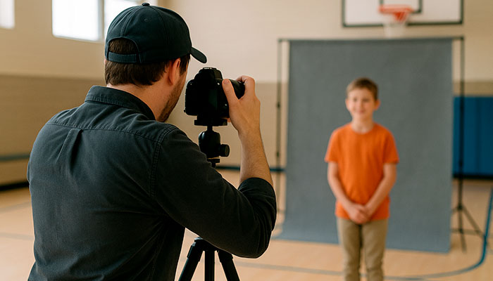Fotograf macht ein Porträtfoto eines Kindes in einer Turnhalle – Workshop zur Kindergarten- und Schulfotografie auf der Imaging World 2025.