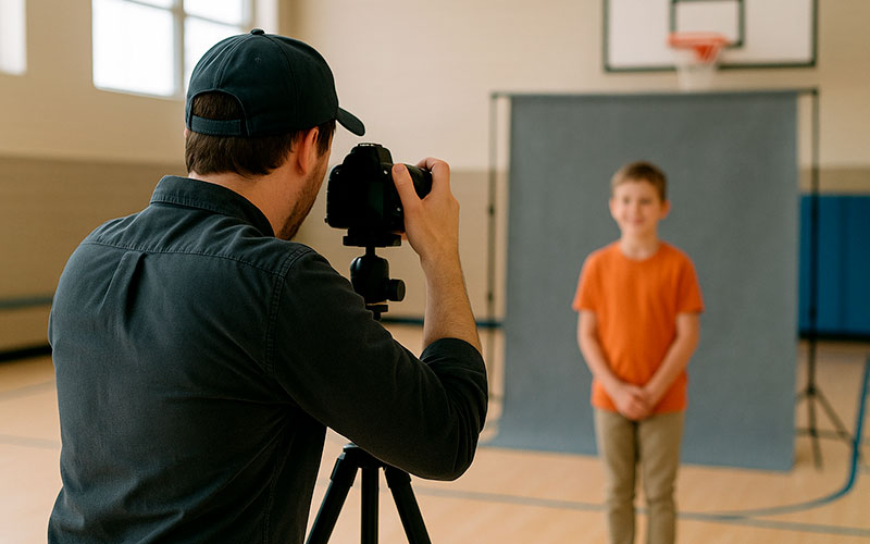 Fotograf macht ein Porträtfoto eines Kindes in einer Turnhalle – Workshop zur Kindergarten- und Schulfotografie auf der Imaging World 2025.