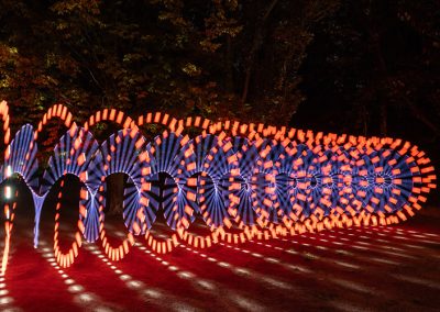 Spiralförmiges Lichtmuster in Blau und Orange, aufgenommen bei Nacht im Park.