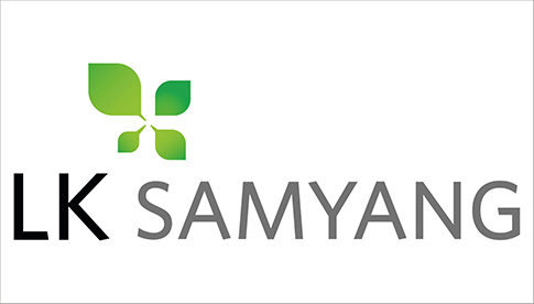 Logo von LK Samyang mit stilisiertem grünen Blattmotiv und grauem Schriftzug