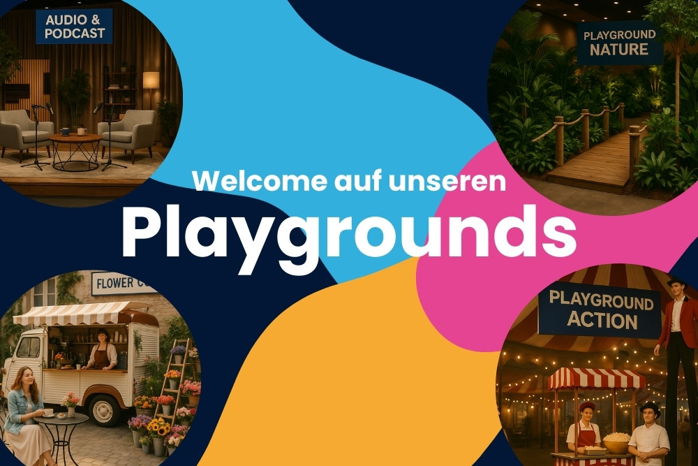 Verschiedene Erlebnisbereiche der Imaging World 2025 – Playgrounds für Action, Nature, Audio & Podcast sowie Gaming.