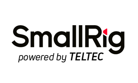 Logo von SmallRig: Schwarzer Schriftzug „SmallRig“ mit kleinem roten Designelement im „R“, darunter Zusatz „powered by TELTEC“