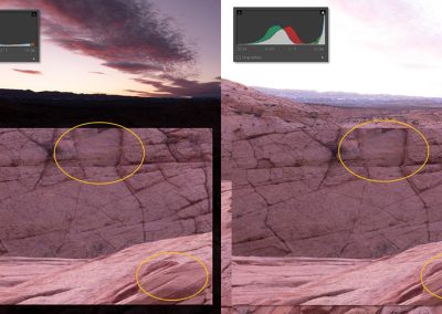 Zwei Versionen eines Landschaftsfotos mit Histogramm, Fokus auf Kontrast und Details.