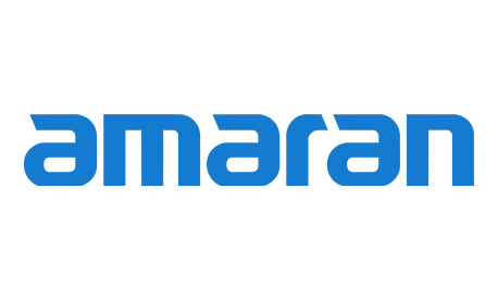 Logo von amaran: Blauer, futuristischer Schriftzug „amaran“ auf weißem Hintergrund