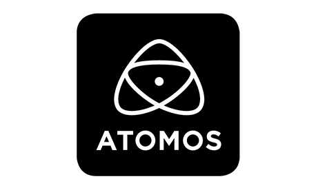 Logo von Atomos: Weißes Atomos-Symbol und Schriftzug auf schwarzem Hintergrund in abgerundeter Quadratform