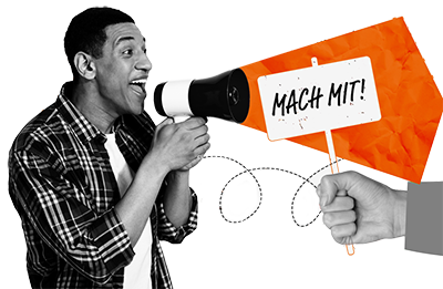 Schwarzweiß-Mann mit Megafon und „Mach mit“-Schild als Motiv für den Fotowettbewerb 2026 der Imaging World