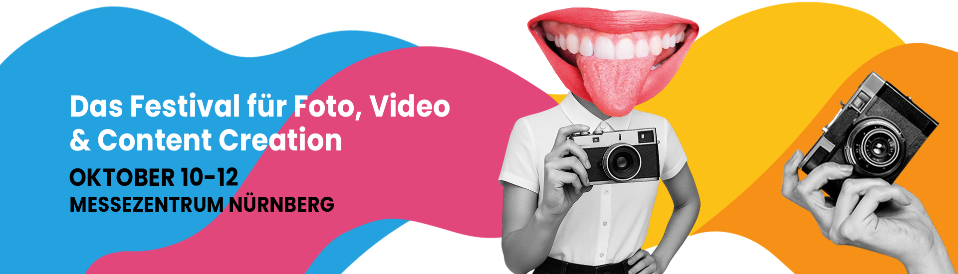 Das Festival für Foto, Video & Content Creation Imaging World Festival 2025 – 10.–12. Okt. in Nürnberg, Collage mit Kamera und buntem Hintergrund