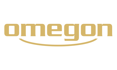 Logo von Omegon: Goldfarbener Schriftzug „omegon“ mit stilisiertem Bogen darunter auf weißem Hintergrund