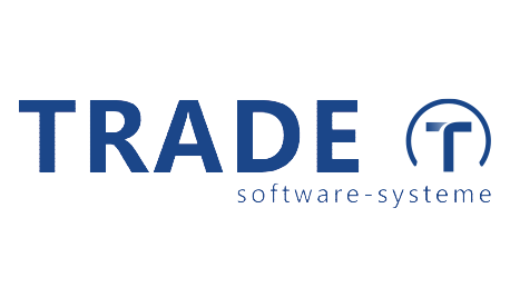 Logo von TRADE Software-Systeme: Blauer Schriftzug „TRADE“ mit kleinem Zusatz „software-systeme“ und stilisiertem T im Kreis auf weißem Hintergrund